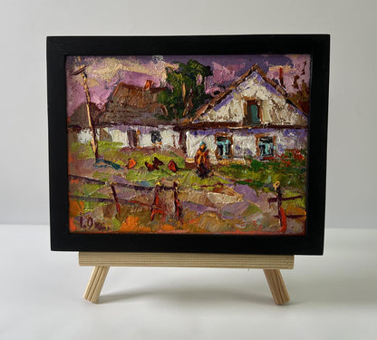 Oil painting Pink sunset over village by Oksana Ivanyuk