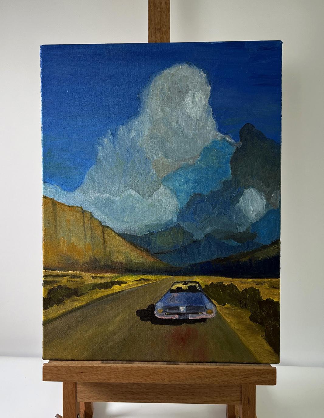 Vibrant oil painting of vintage blue car on desert road to mountains by unknown artist