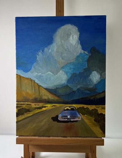 Vibrant oil painting of vintage blue car on desert road to mountains by unknown artist