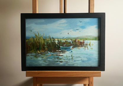 Oil painting Fishing among the reeds by Yuriy Suprunchuk serene lake scene