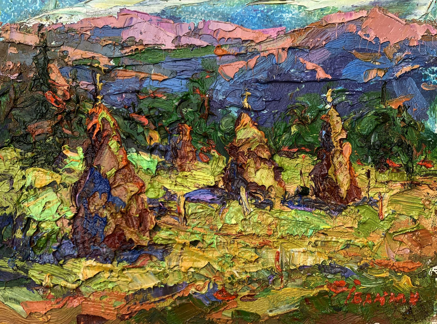 Vibrant impressionistic oil painting of mountain fields by Ivanyuk Oleksiy