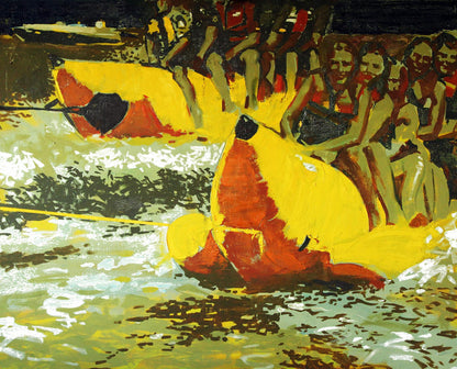 Oil painting Bananas Ed Potapenkov: vibrant yellow orange raft with people