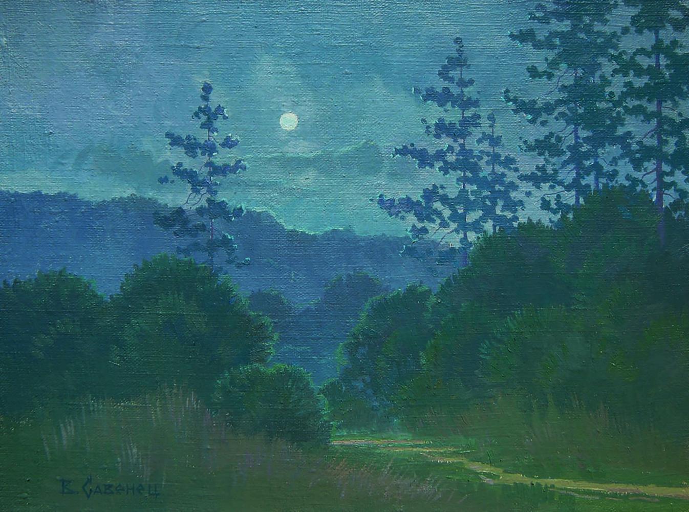 Oil painting Moonlit Night by Valery Savenets serene nocturnal landscape