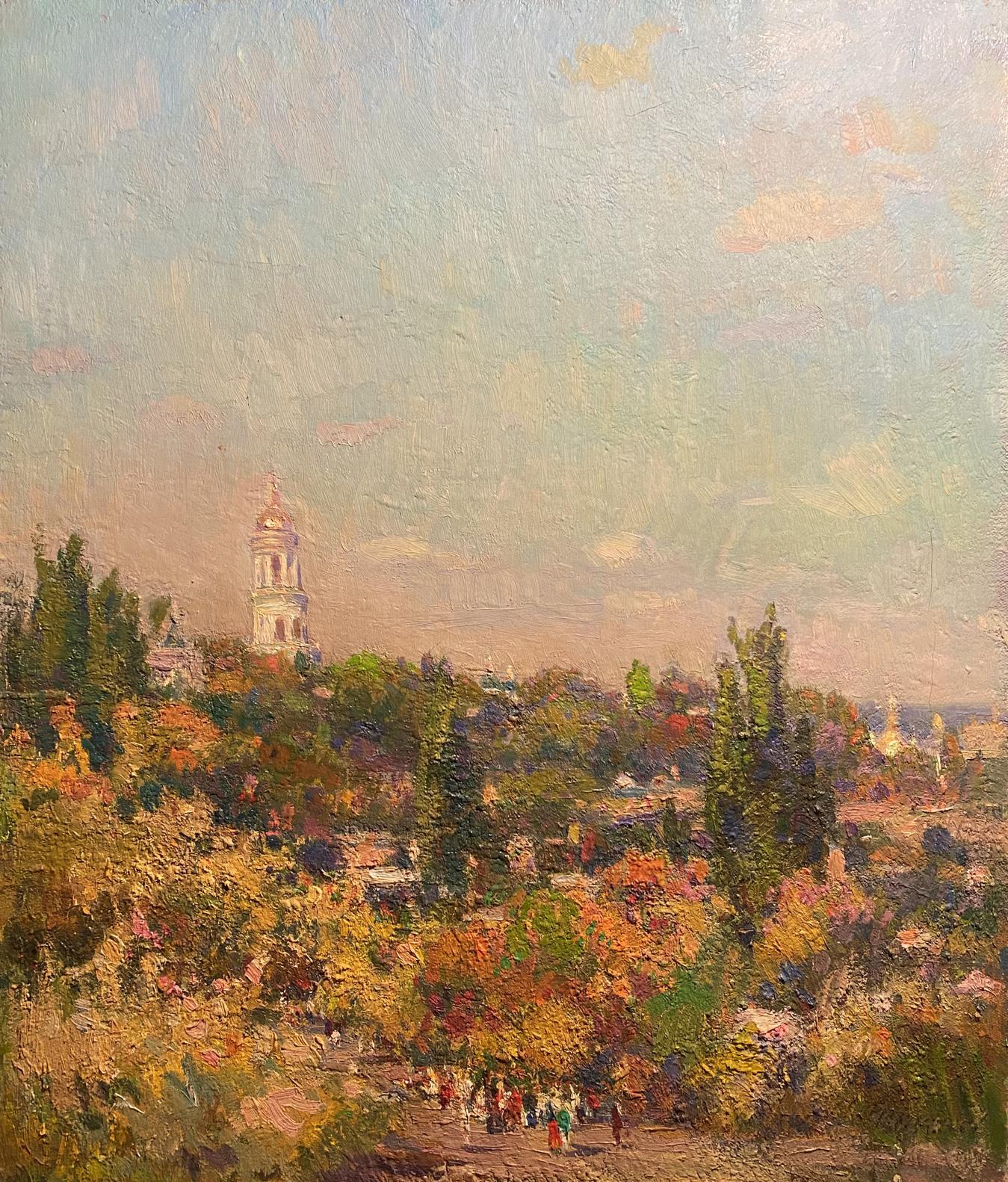 Oil painting of Native Kyiv bell tower amid autumn trees by unknown artist
