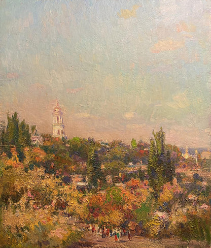 Oil painting of Native Kyiv bell tower amid autumn trees by unknown artist