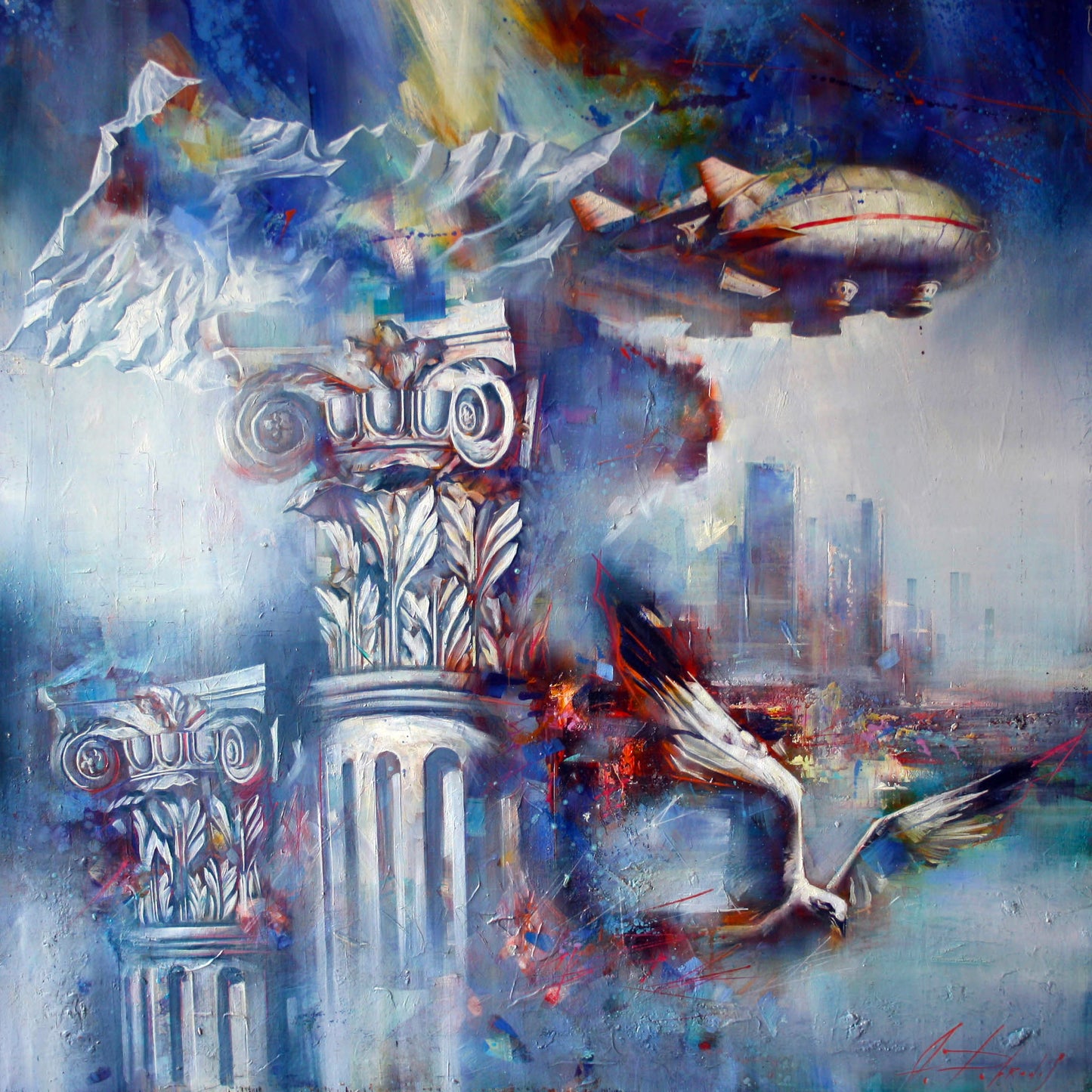 Oil painting Flight over the city by Alexander Dobrodiy: red airship over columns
