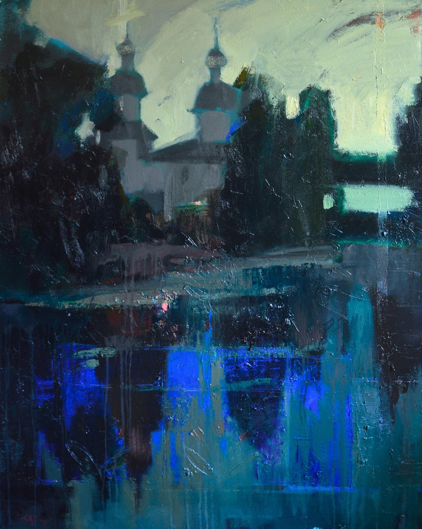 Oil painting Above the lake by Natalia Korf-Ivaniuk: abstract church with onion domes
