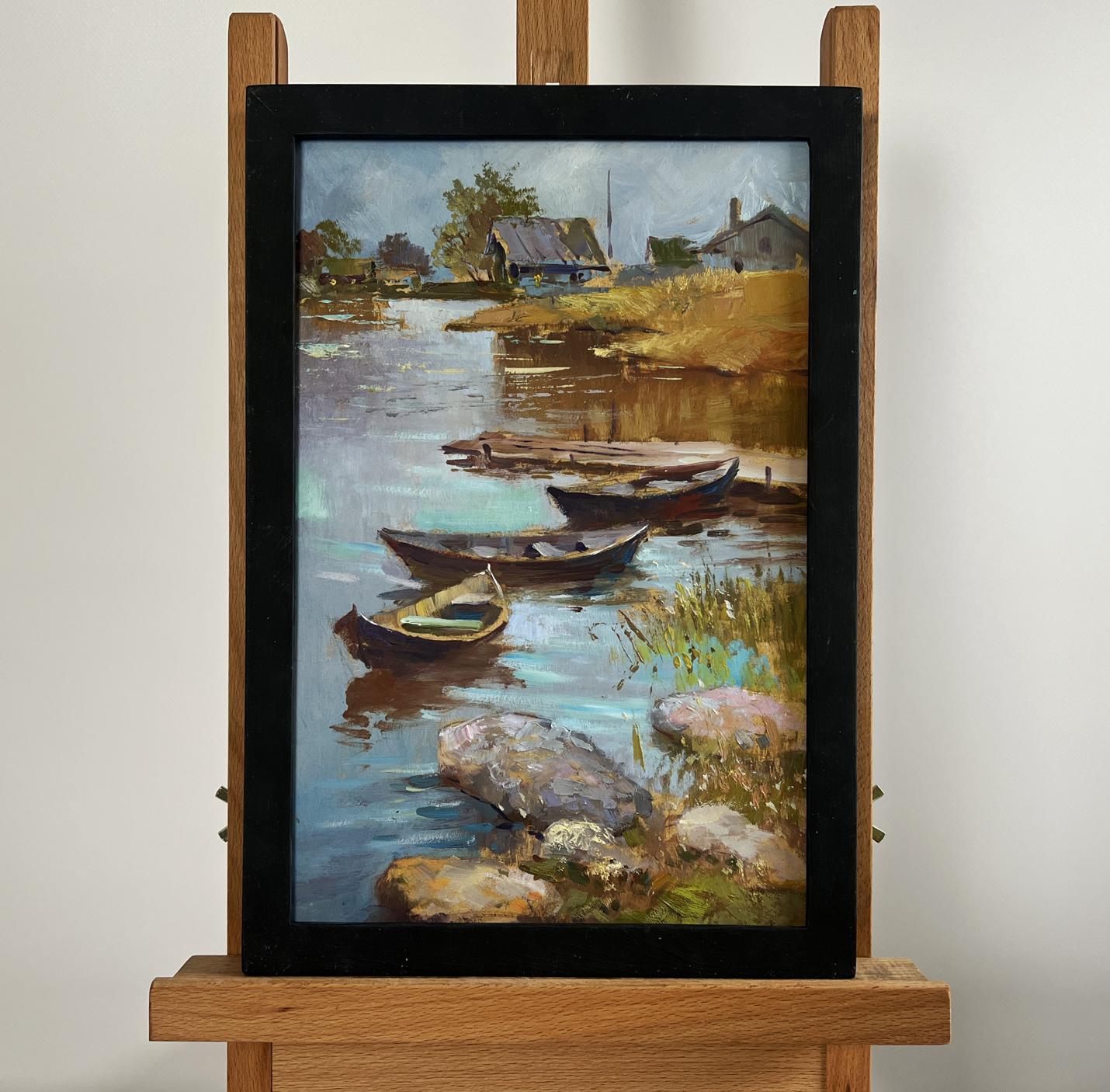 Framed oil painting of Yuriy Suprunchuk village boat port riverside scene