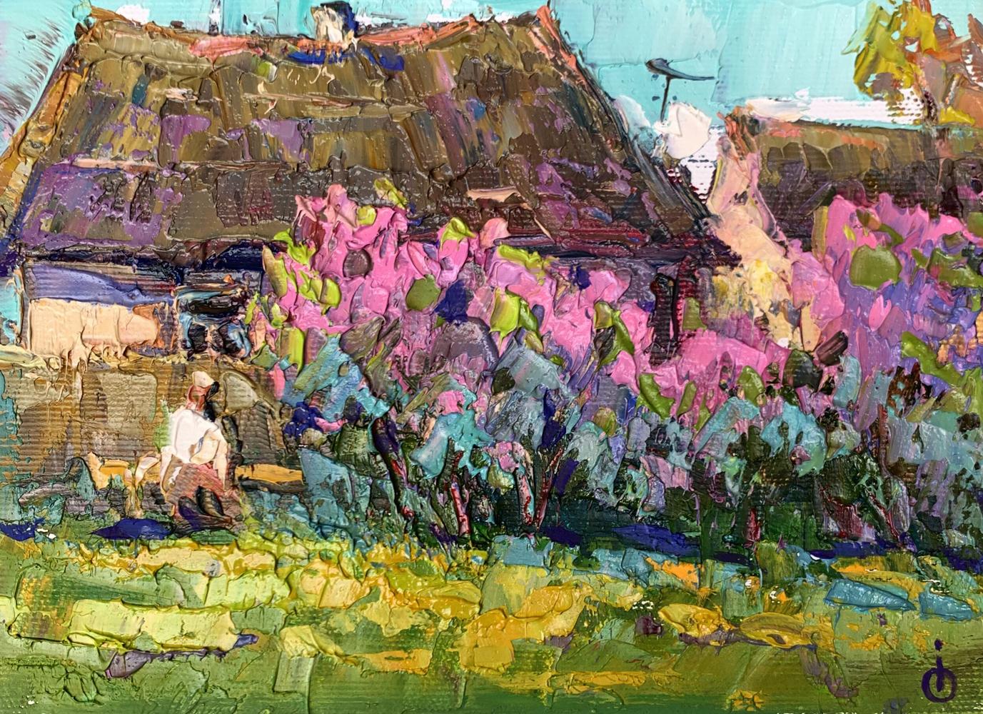 Vibrant pink purple blooming garden oil painting by Oksana Ivanyuk