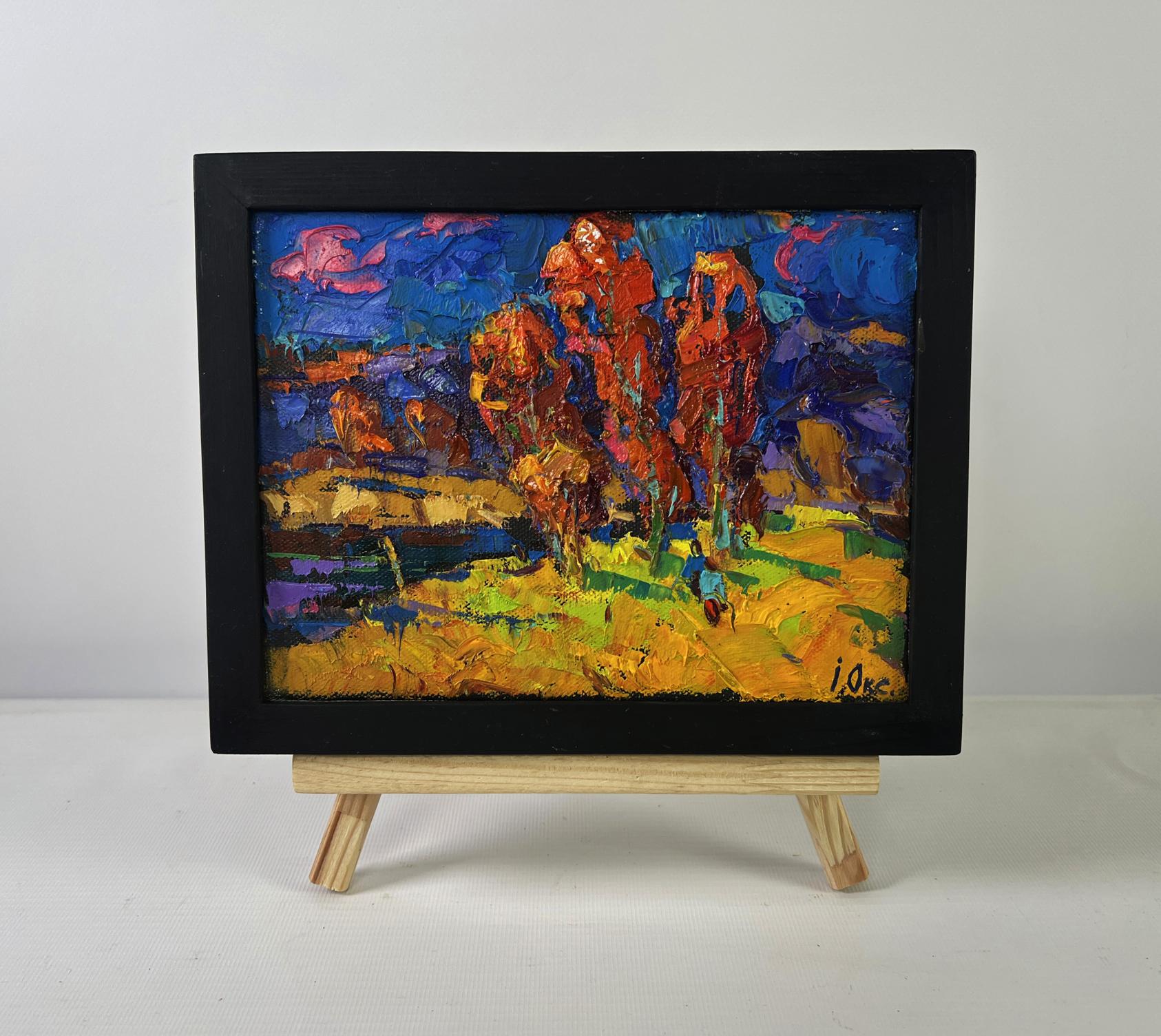 Vibrant impressionist oil painting Melody of the Wind and Whispers by Oksana Ivanyuk in black frame