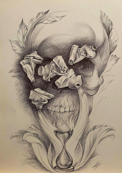 Detailed pencil sketch of skull with paper tubes, leaves by Natalia Bulat
