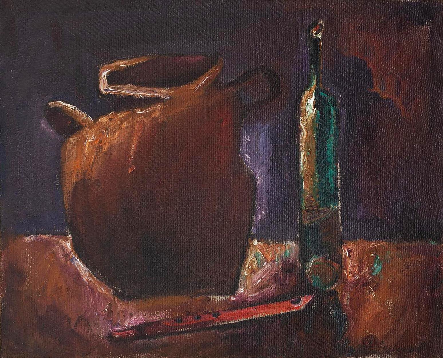 Oil painting Still life with pipe: rustic brown pot, green bottle by Oleksandr Andreev