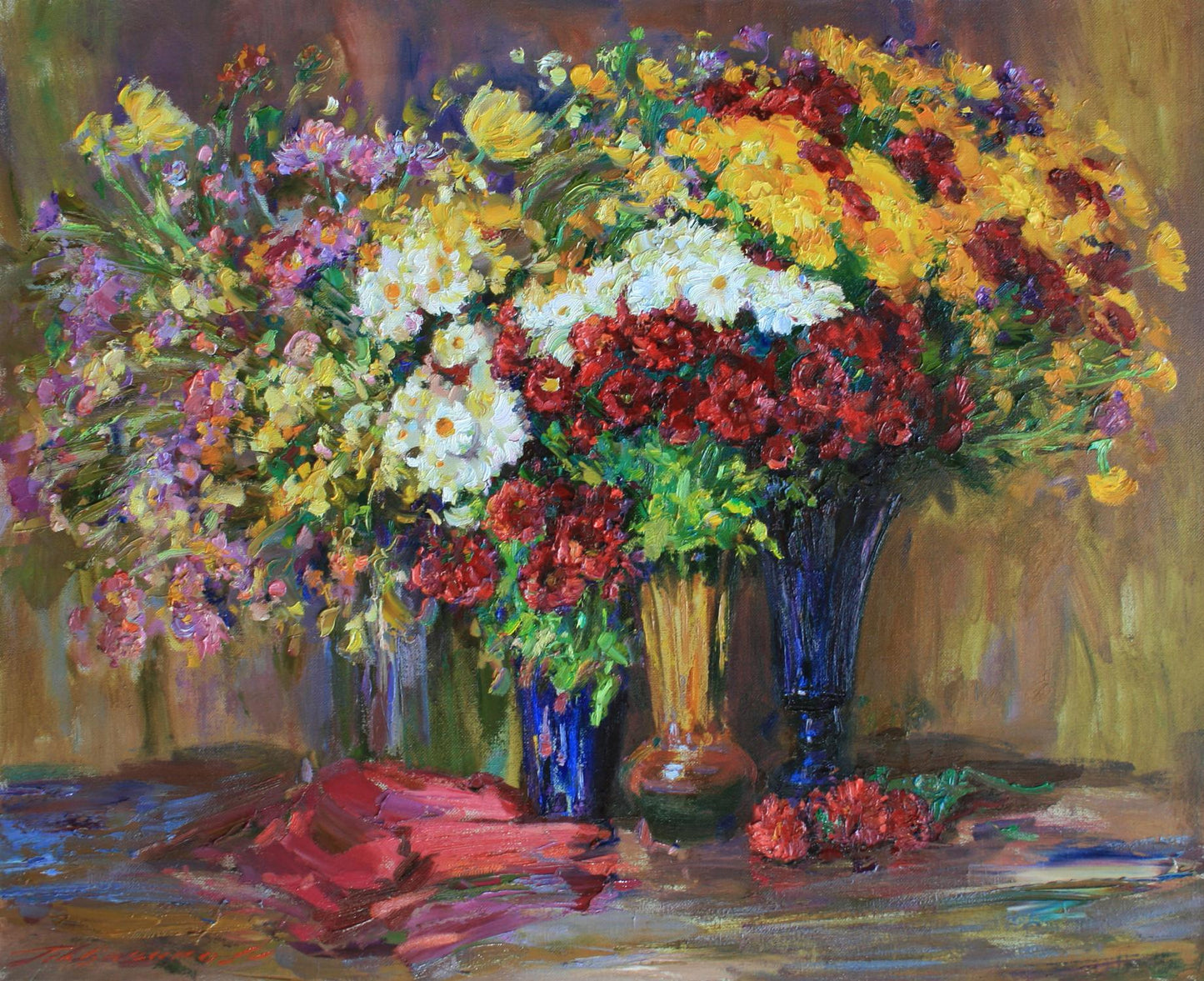 Oil painting of Autumn bouquets by Leonid Pavlenko, vibrant mixed flowers