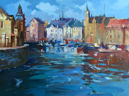 Vibrant impressionist oil painting like Venice by Yuriy Suprunchuk, colorful waterfront