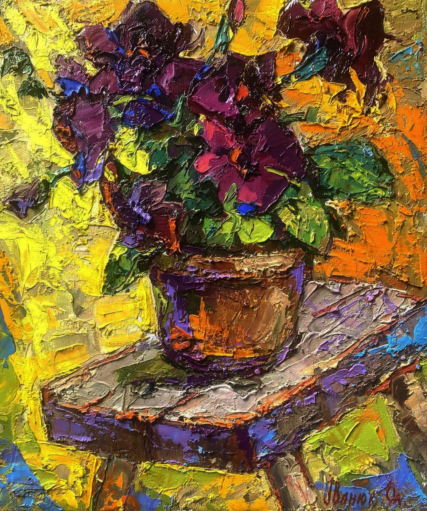 Oil painting of vibrant purple pink petunias in brown pot by Oleksiy Ivanyuk