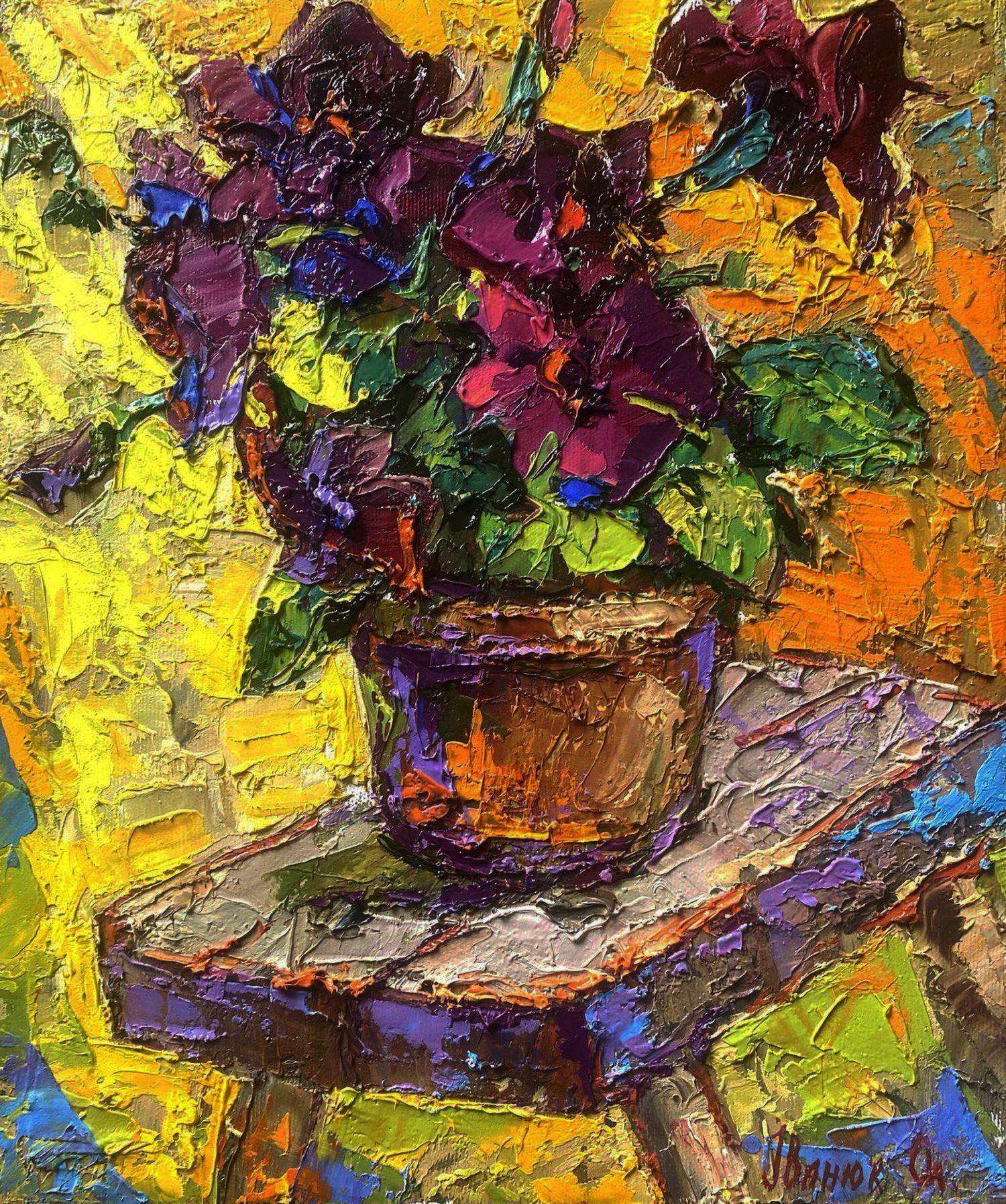 Oil painting of vibrant purple pink petunias in brown pot by Oleksiy Ivanyuk