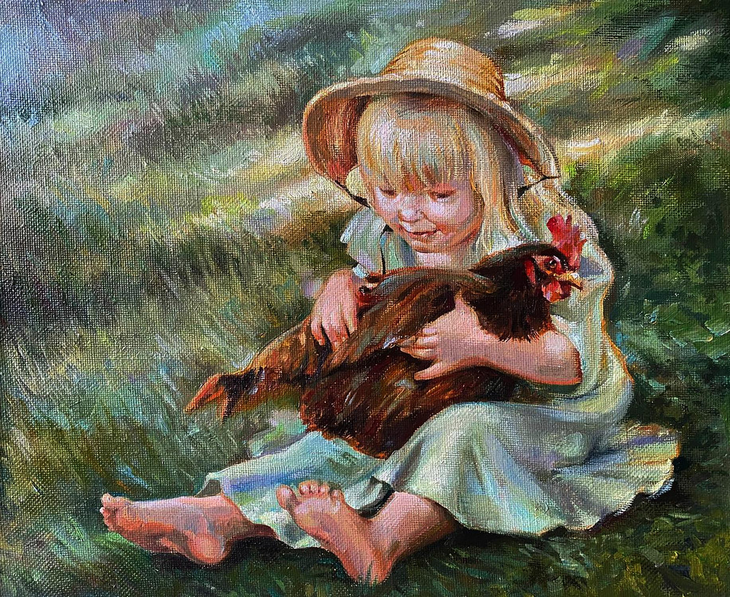 Oil painting Favorite Chicken by Natalia Bulat: girl cradling brown hen