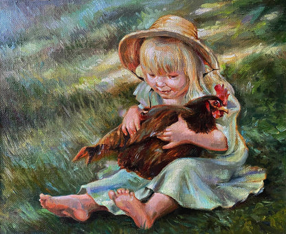 Oil painting Favorite Chicken by Natalia Bulat: girl cradling brown hen