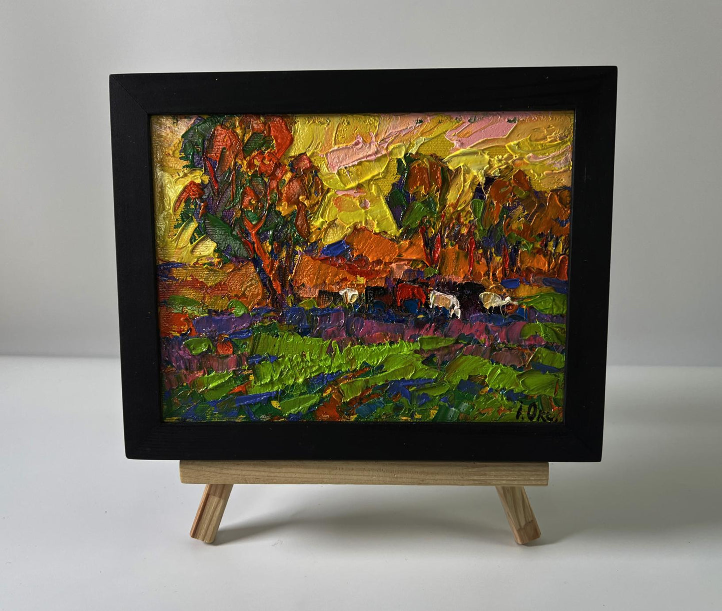 Oil painting Morning Meadows by Oksana Ivanyuk in black frame
