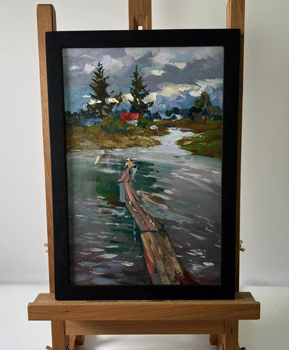Framed oil painting of girl on river bridge by Yuriy Suprunchuk