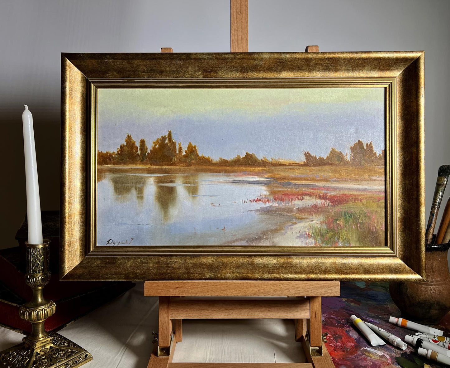 Oil painting Evening by the River by Tatyana Derdey serene lakeside scene