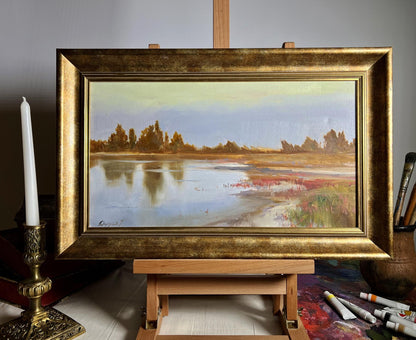 Oil painting Evening by the River by Tatyana Derdey serene lakeside scene
