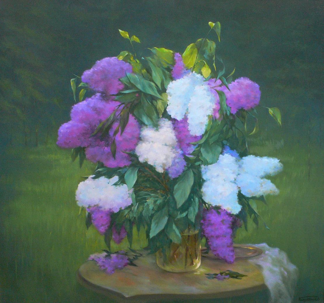 Oil painting of vibrant purple and white lilac bouquet in vase by Vasily Korkishko