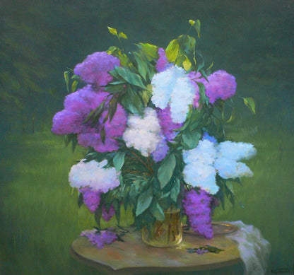 Oil painting of vibrant purple and white lilac bouquet in vase by Vasily Korkishko