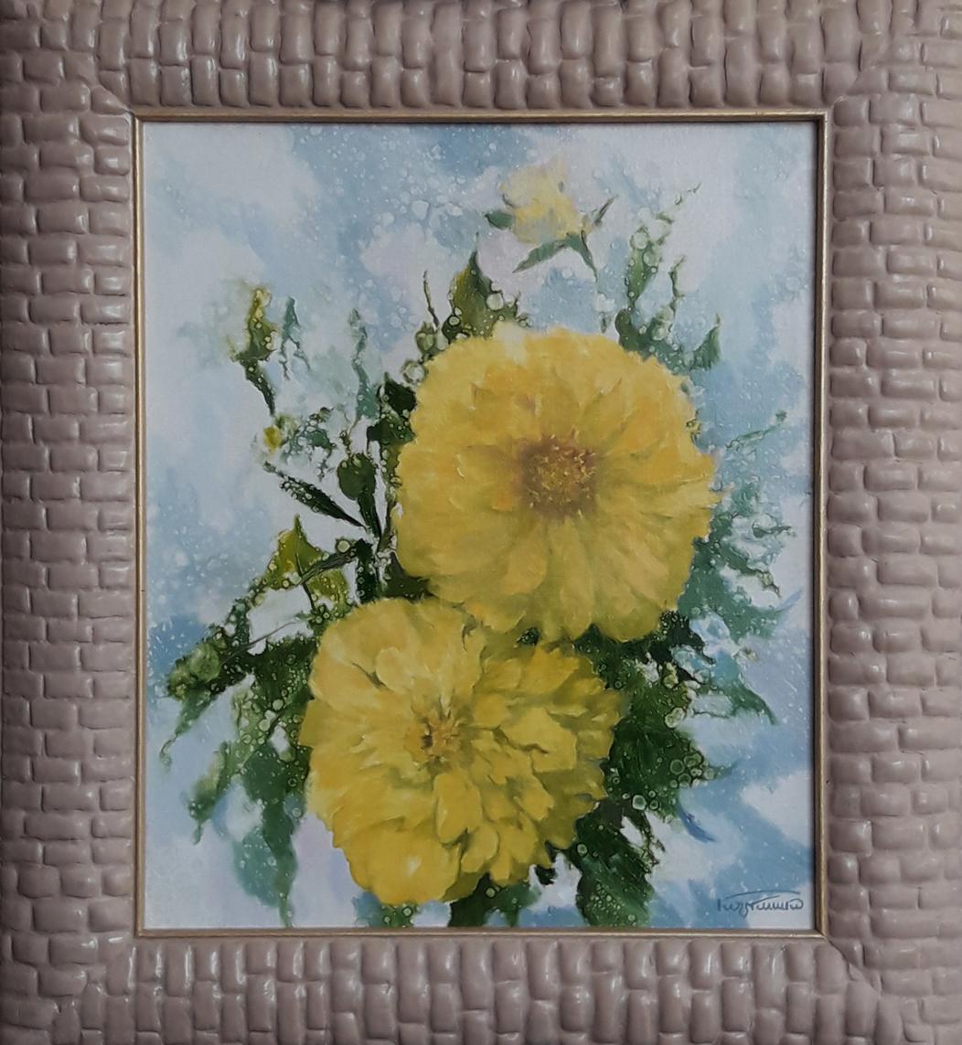 Oil painting of yellow flowers by Vasily Korkishko in beige frame