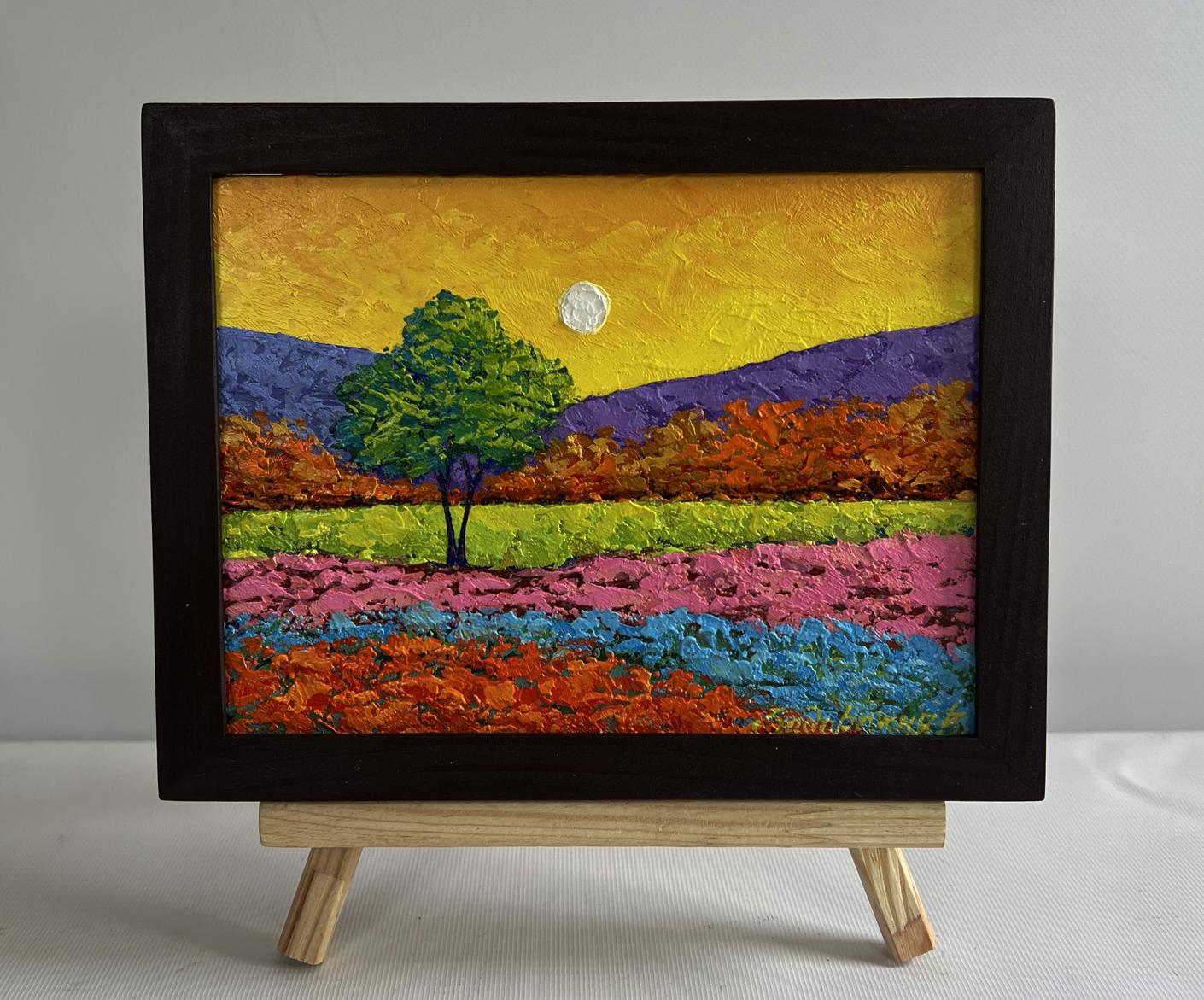 V. Zadorozhnya oil painting of vibrant pink blue flower fields in black frame