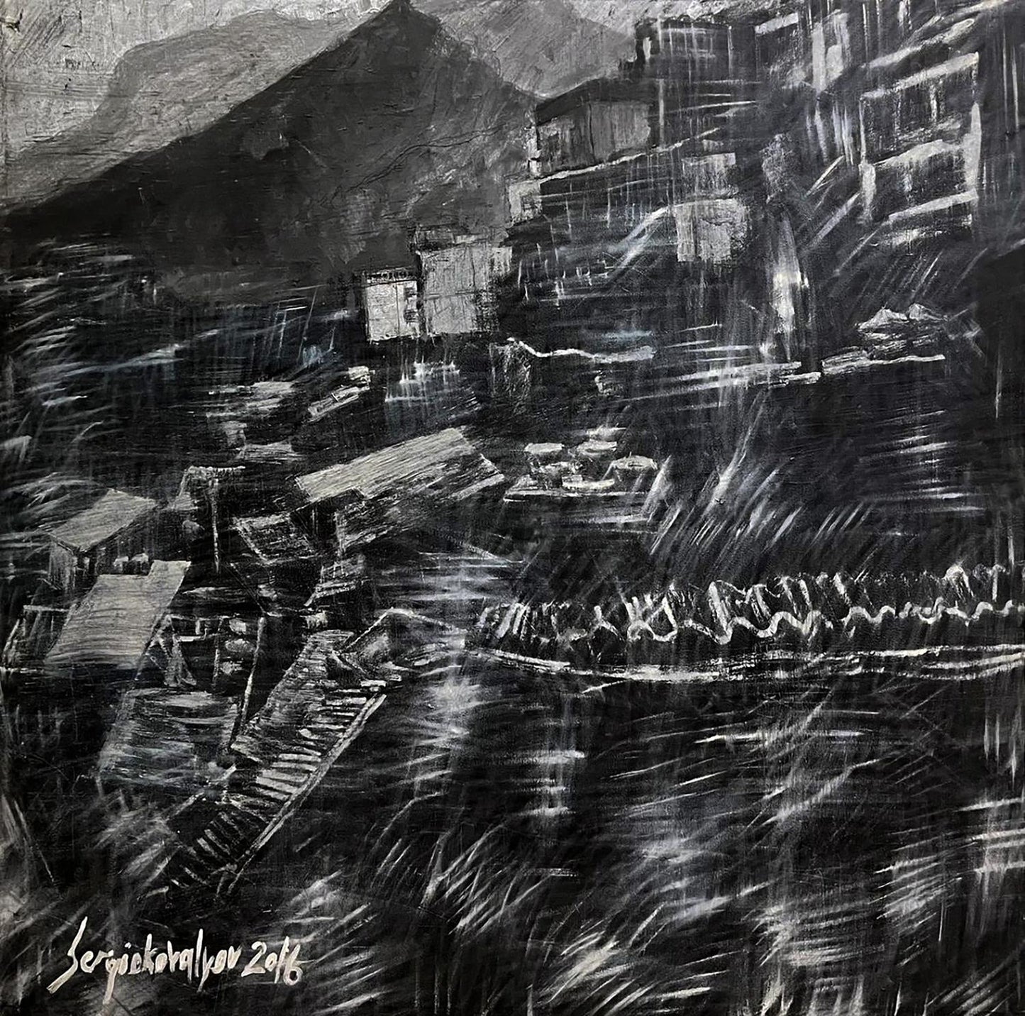 Black and white charcoal sketch of Serhiy Kovalev Oil painting City Twilight village