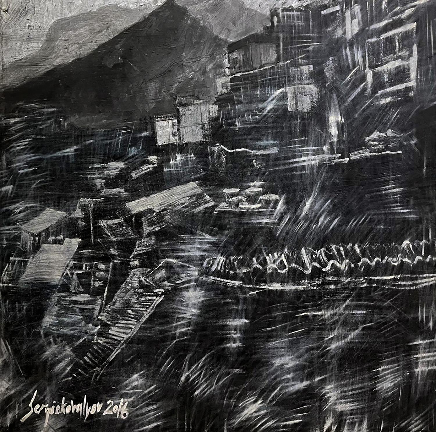 Black and white charcoal sketch of Serhiy Kovalev Oil painting City Twilight village