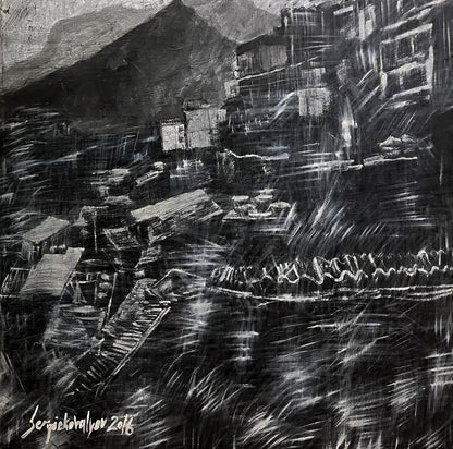 Black and white charcoal sketch of Serhiy Kovalev Oil painting City Twilight village