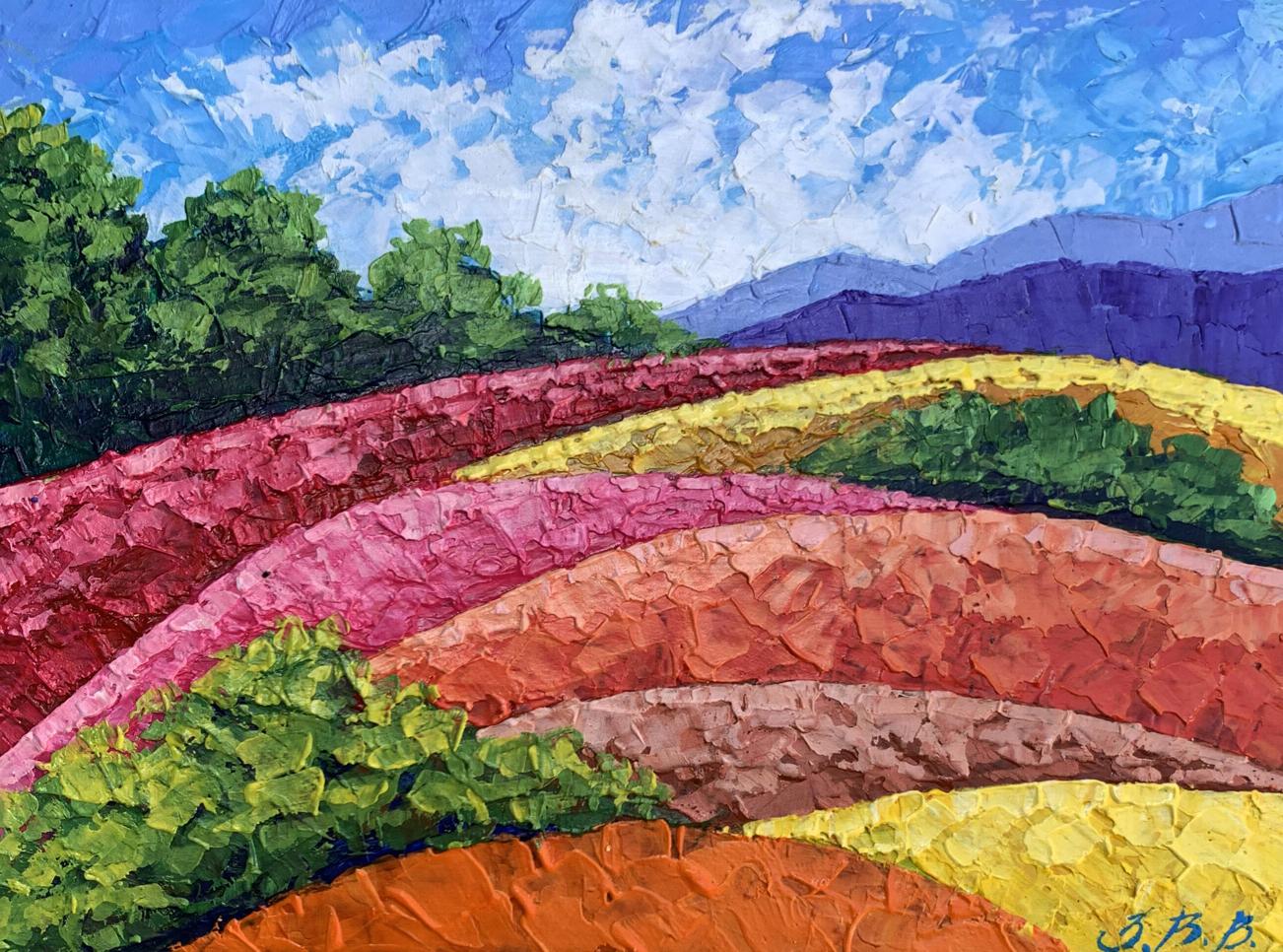 Vibrant oil painting of rainbow fields and mountains by V. Zadorozhnya