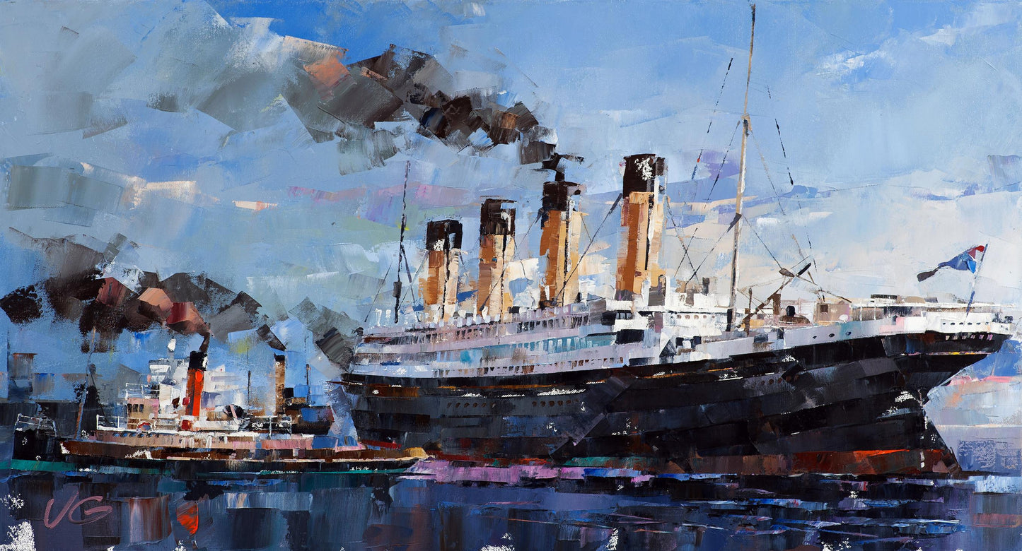 Impressionistic oil painting of RMS Olympic steamship by Volodymyr Gluhomanyuk