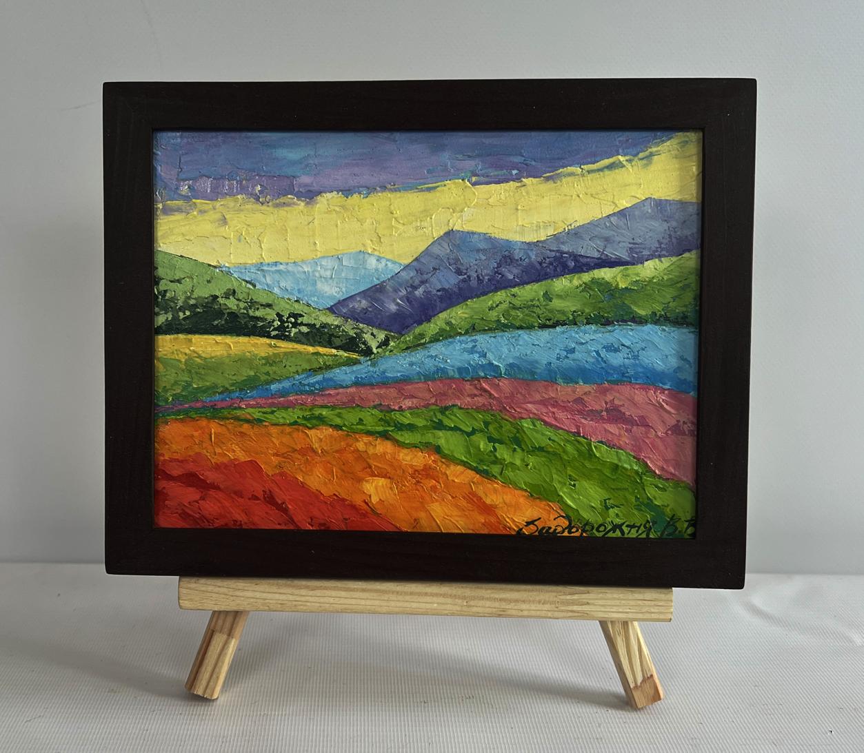 Oil painting Walking in the mountains V. Zadorozhnya vibrant hills in frame