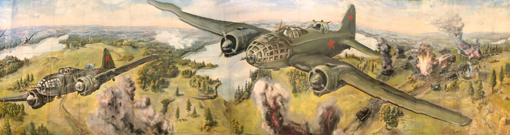 Oil painting of olive-green bomber with red star flying over war-torn battlefield