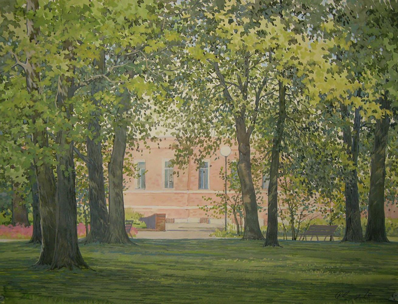 Watercolor painting of summer park by Valery Savenets through dappled trees