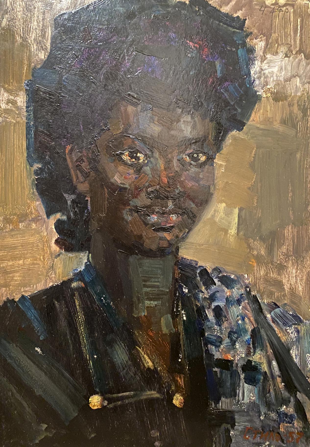 Textured oil painting portrait of dark-skinned woman with curly hair by Leonid Stil