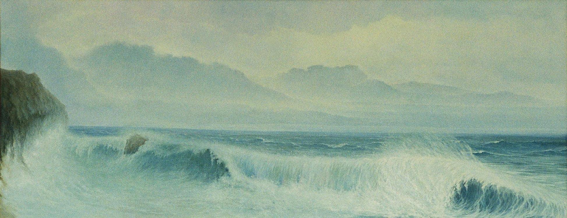 Oil painting of turbulent waves crashing on rugged cliffs by Vasily Korkishko