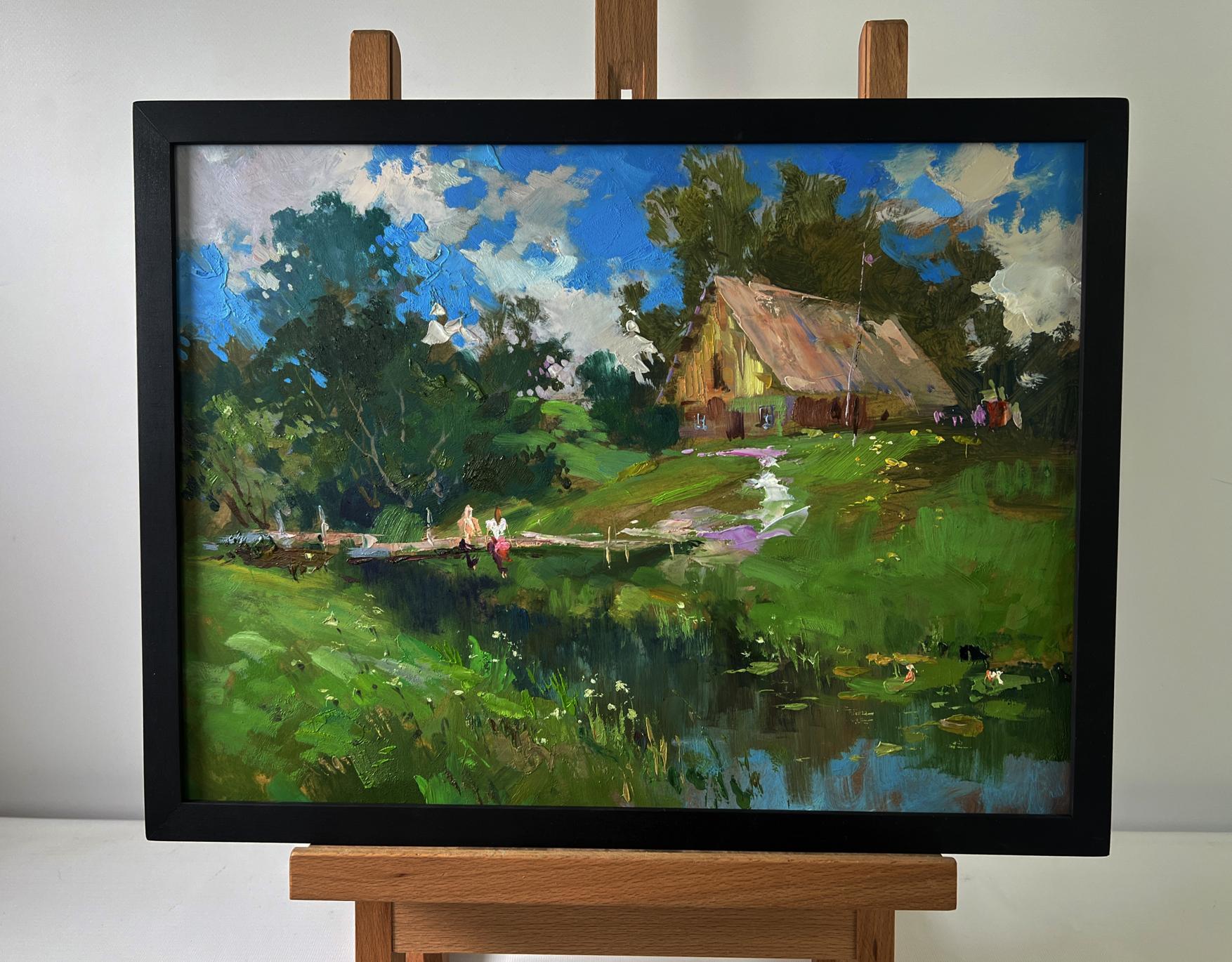 Framed impressionistic oil painting by Yuriy Suprunchuk of girls by pond