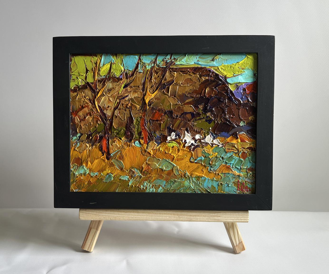 Vibrant textured impressionist oil painting Near the old hill by Oleksiy Ivanyuk in black frame