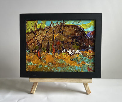 Vibrant textured impressionist oil painting Near the old hill by Oleksiy Ivanyuk in black frame