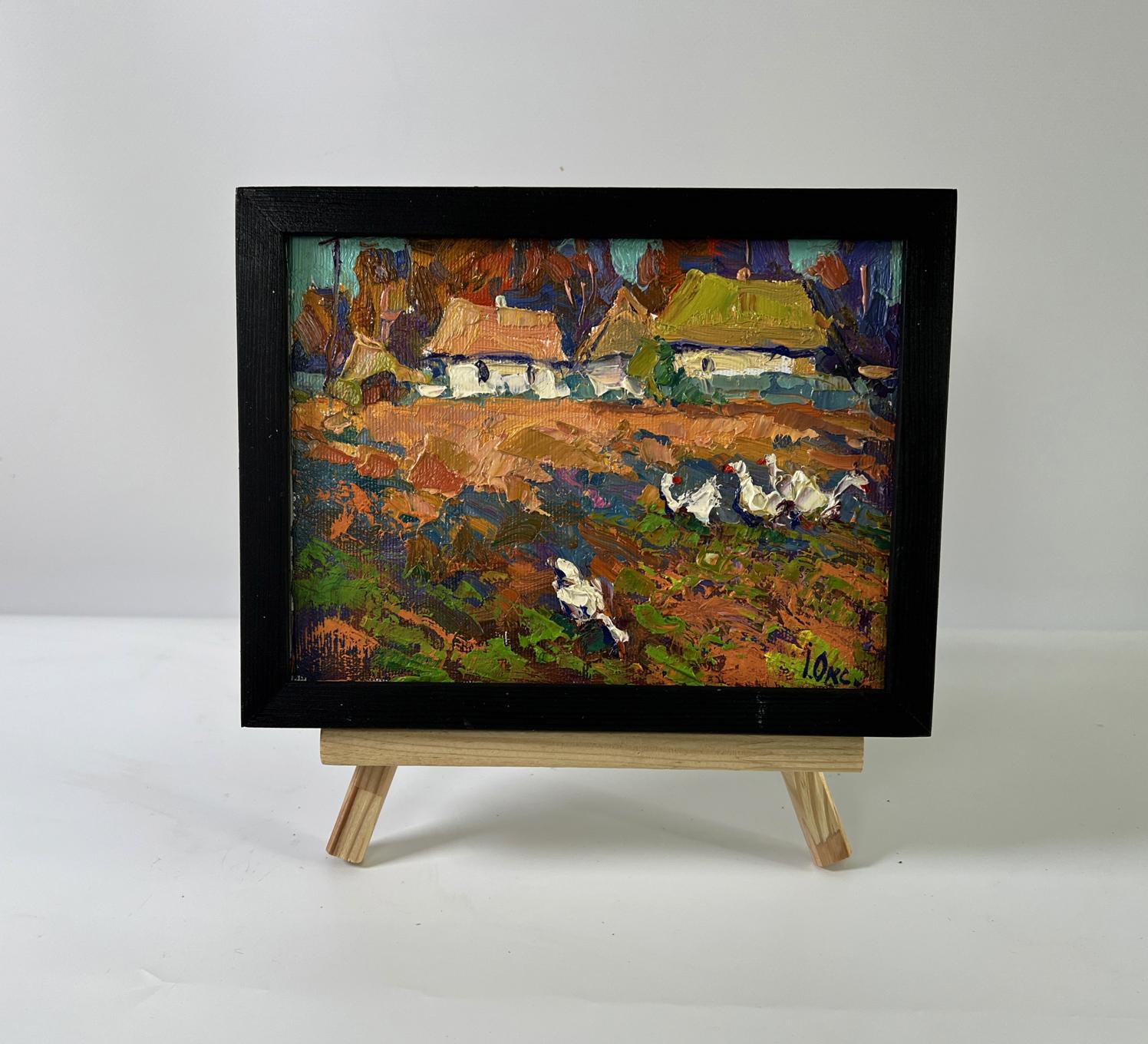 Vibrant impressionist oil painting of geese in rural village by Oksana Ivanyuk, black frame