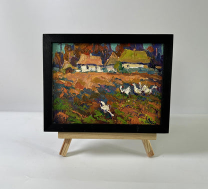 Vibrant impressionist oil painting of geese in rural village by Oksana Ivanyuk, black frame