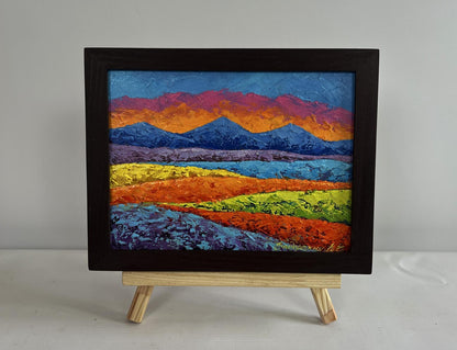 Oil painting Orange sunset behind mountains by V. Zadorozhnya in black frame