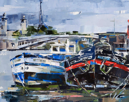 Oil painting of blue and white boats by Volodymyr Gluhomanyuk