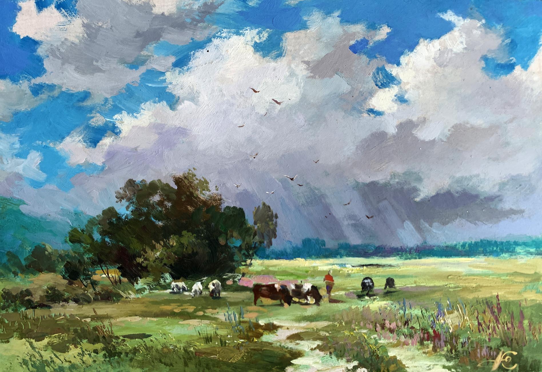 Vibrant impressionist oil painting by Yuriy Suprunchuk: cows grazing under cloudy sky