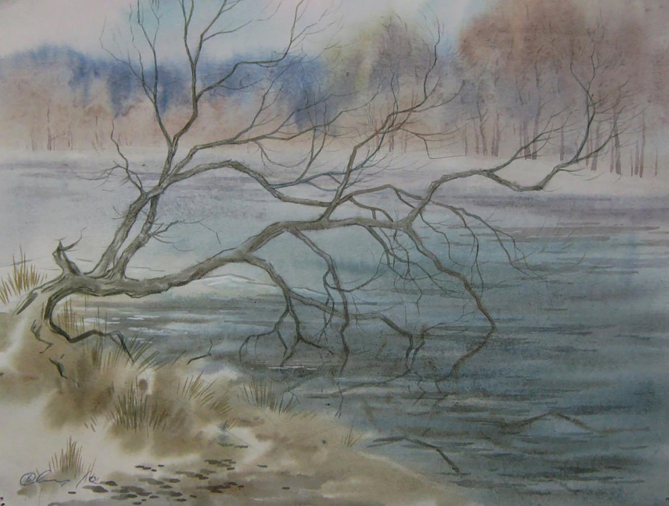 Watercolor painting Awakening of nature by Valery Savenets: gnarled tree over calm waters