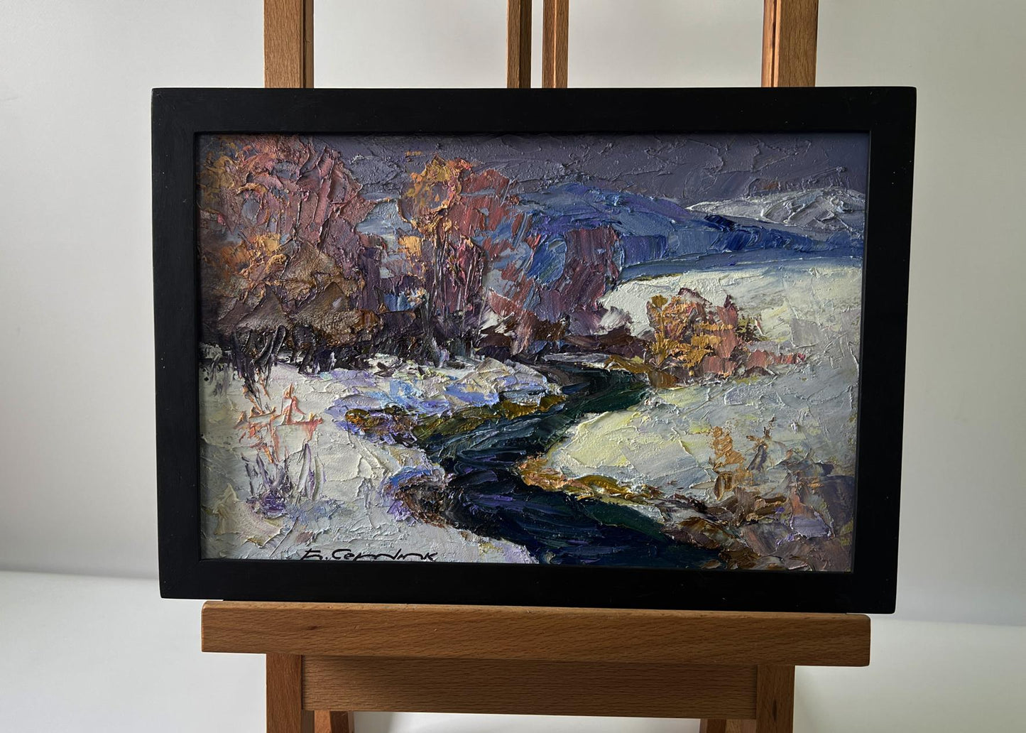 Oil painting Winter stream by Boris Serdyuk, snowy landscape in black frame